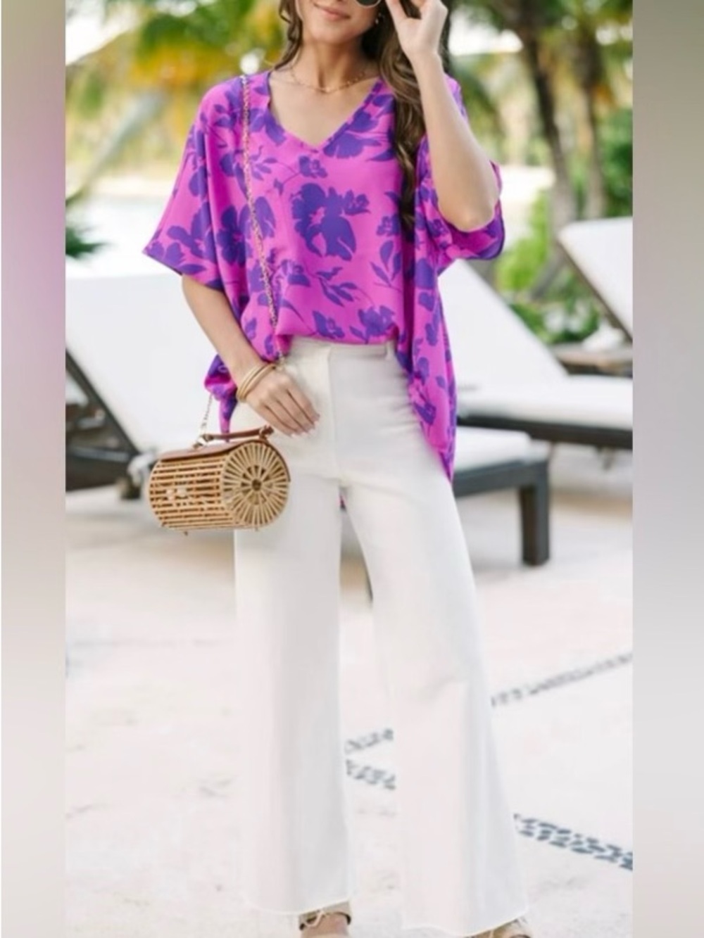 ✨ Mint Julep Boutique Pink Purple Chiffon V-Neck Blouse Oversized Flowy S NWT